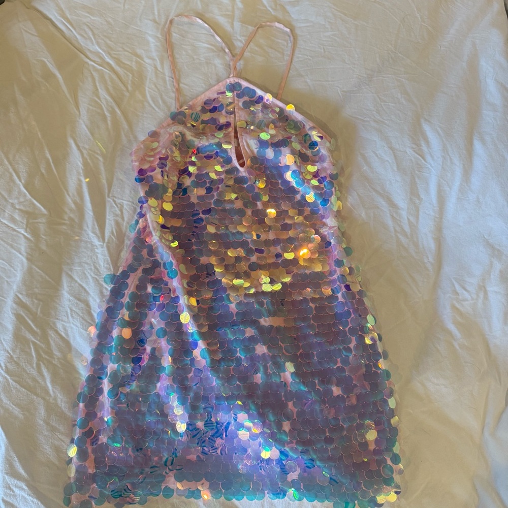 Lovers + Friends Cori Sequin Mini Dresses in Iridescent Purple Pink NEW NWT - Picture 2 of 5